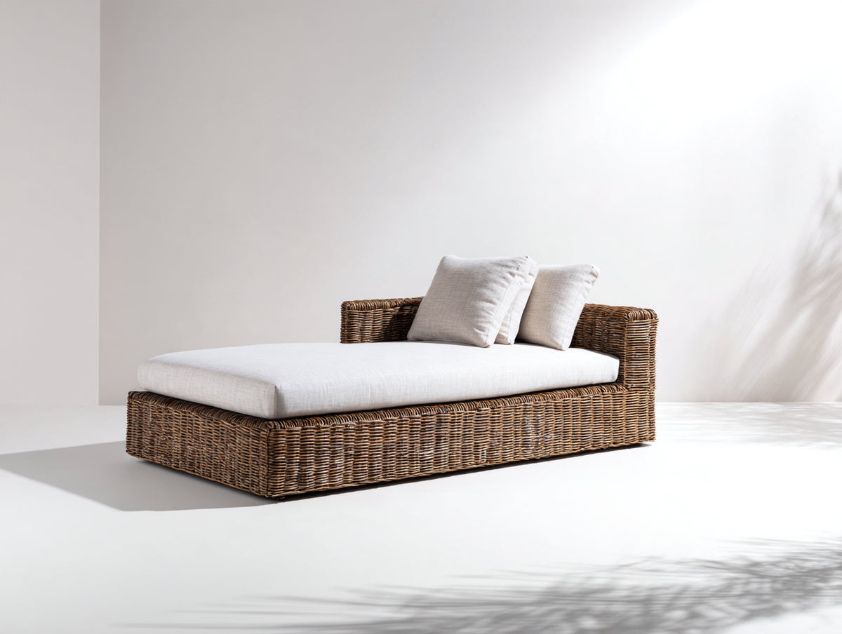 Bain de soleil - Rotin tressé-Tissu - 184 x 138 x 78 cm - Marron-Blanc cassé - Style lounge