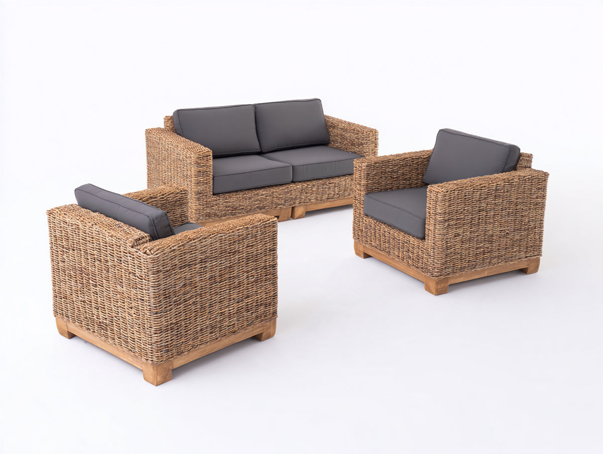 Canapé de jardin - Résine tressée-Tissu-Bois - 184 x 88 x 81cm - Brun naturel-Gris anthracite-Bois naturel - Style rustique moderne
