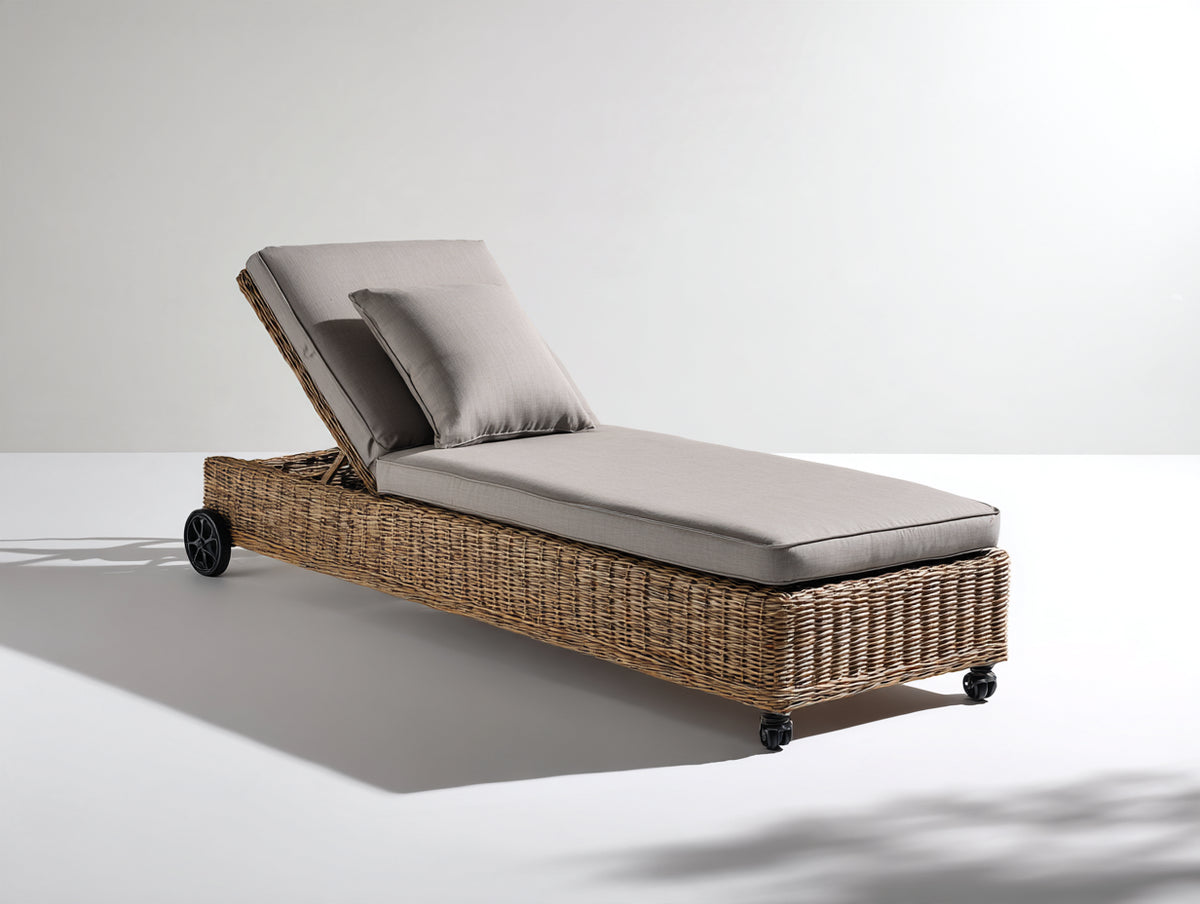 Bain de soleil - Rotin tressé-Tissu - 198 x 72 x 88 cm - Marron naturel-Gris taupe - Style contemporain