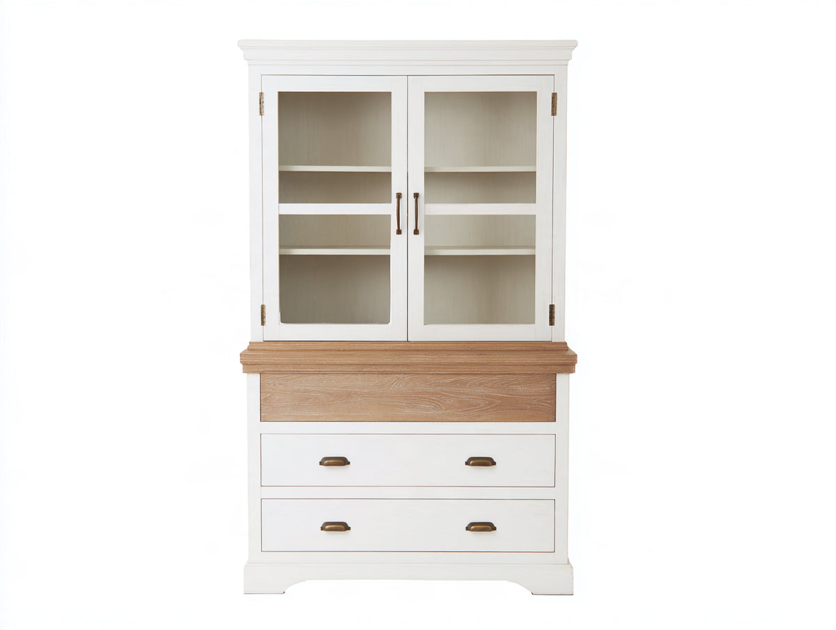 Vitrine-bois-verre-115x44x192 cm-blanc-bois clair-style classique
