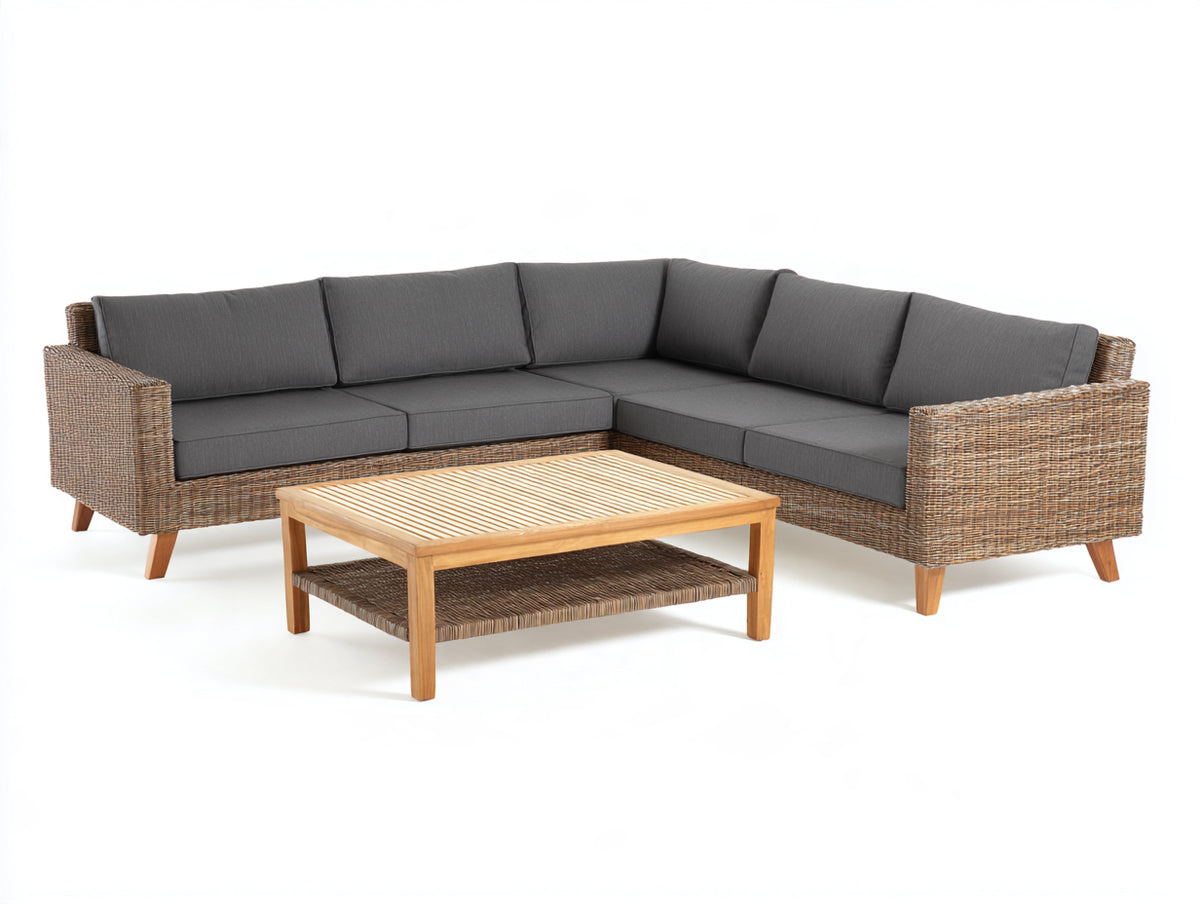 Canapé de jardin - Résine tressée-Bois-Tissu - 245 x 245 x 82cm - Brun-Gris anthracite-Bois naturel - Style contemporain