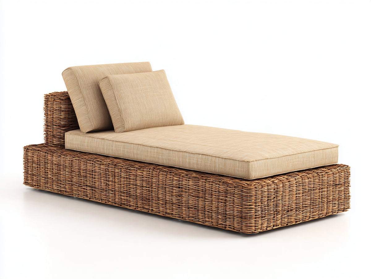 Bain de soleil - Rotin tressé-Tissu - 186 x 86 x 76 cm - Brun miel-Beige sable - Style naturel