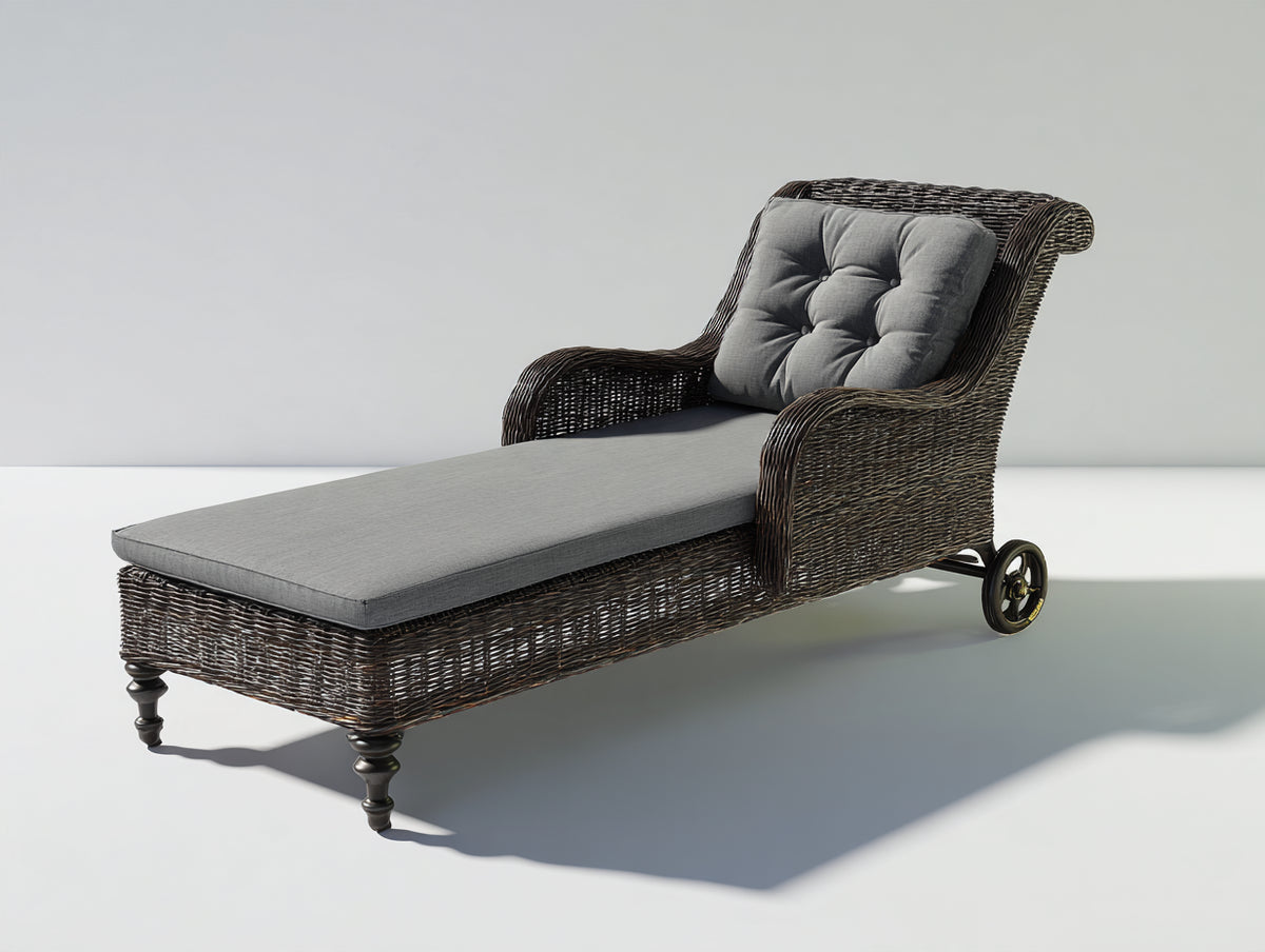 Bain de soleil - Rotin tressé-Tissu - 180 x 82 x 98 cm - Brun vieilli-Gris moyen - Style classique