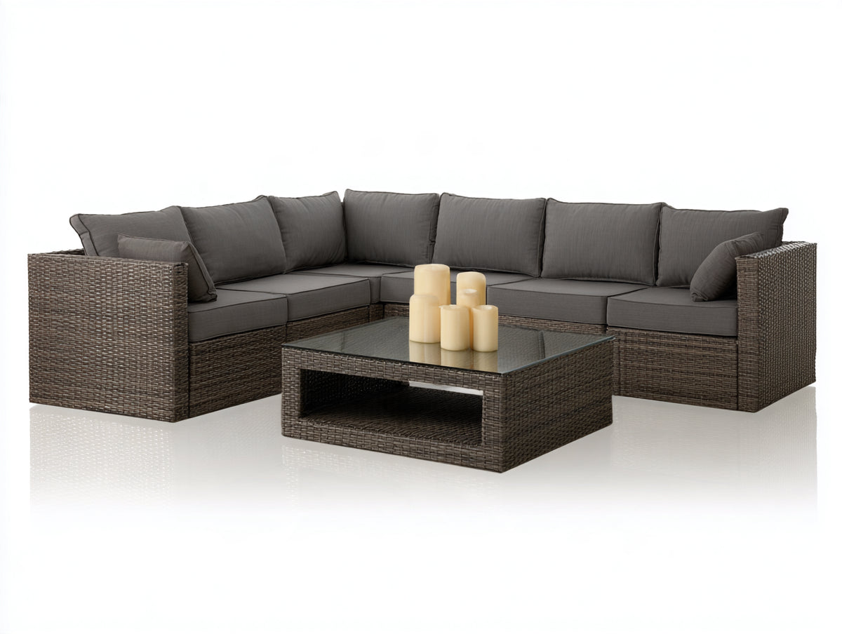 Canapé de jardin - Résine tressée-Tissu-Verre - 268 x 218 x 80cm - Brun-Gris anthracite - Style contemporain