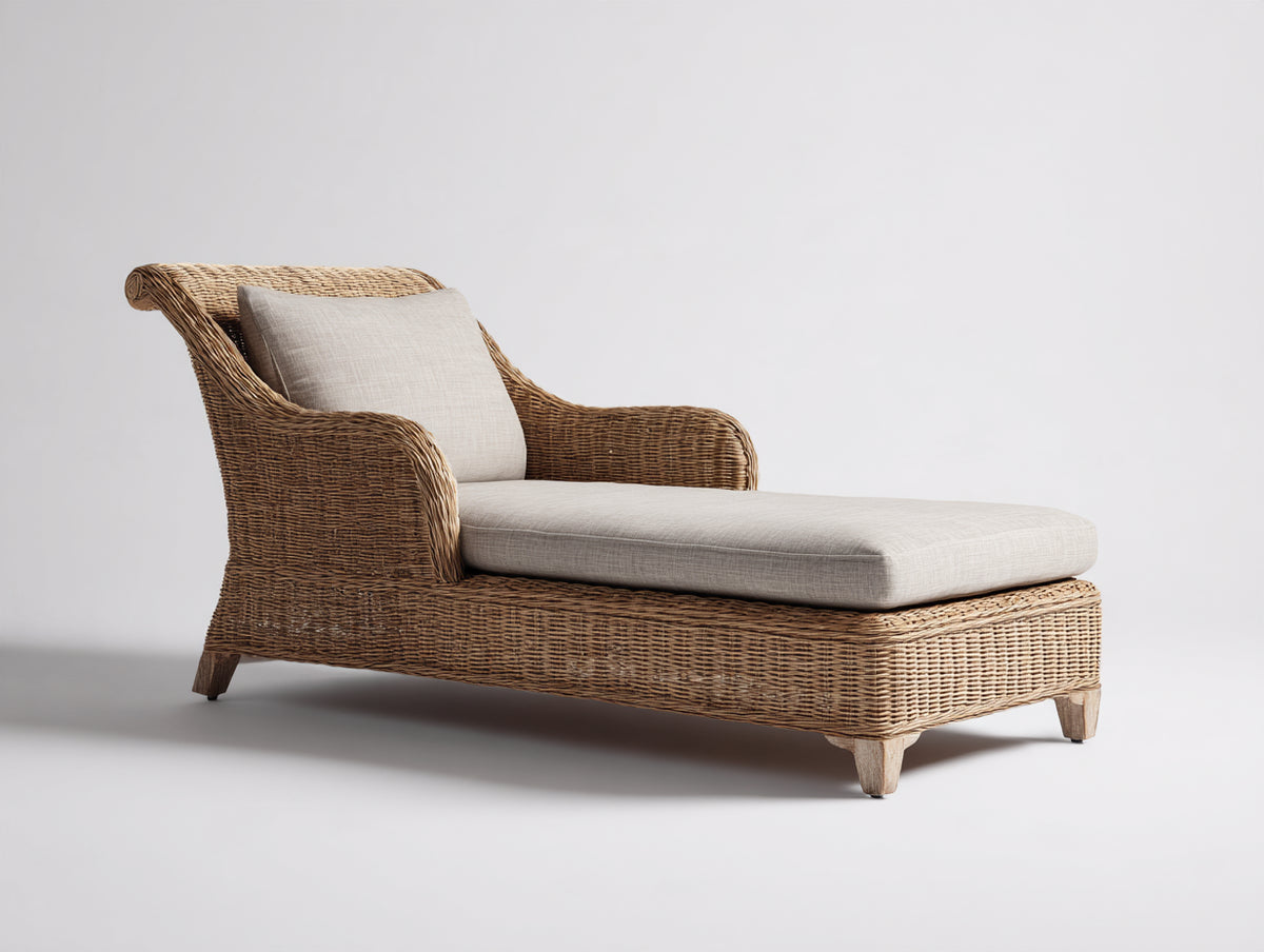 Bain de soleil - Rotin tressé-Tissu - 174 x 82 x 92 cm - Marron clair-Beige clair - Style classique