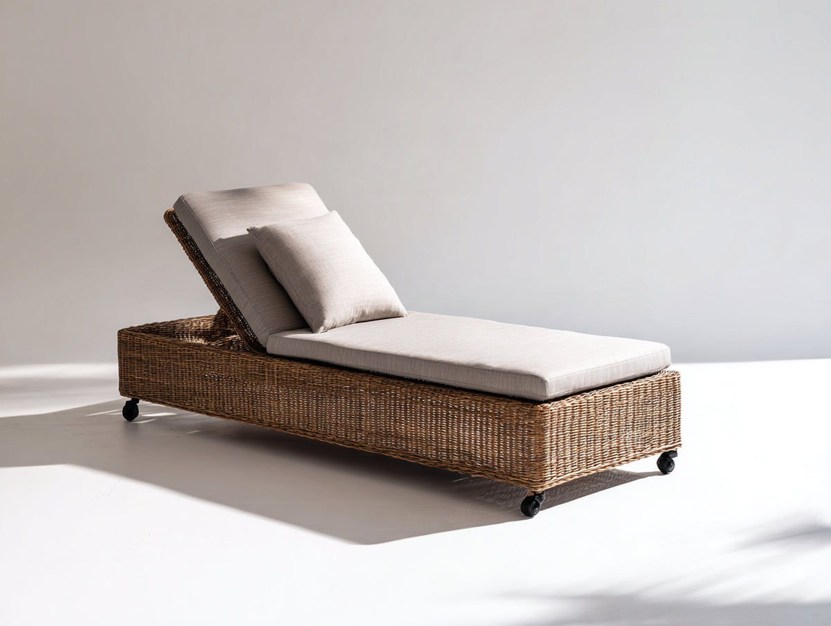 Bain de soleil - Rotin tressé-Tissu - 194 x 74 x 84 cm - Marron miel-Beige grisé - Style naturel